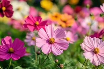 Obraz premium Beautiful cosmos blossoms in colorful garden scene for floral enthusiasts and nature lovers