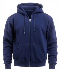 A zip-up hoodie in navy blue with ribbed cuffs and hem, featuring a high-quality zipper, isolated on a white background