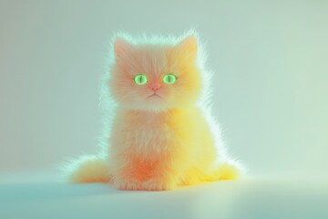 Fototapeta premium A fluffy Persian kitten with vibrant green eyes sits against a pastel background, looking directly at the camera.