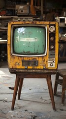 Dusty yellow vintage TV in junkyard