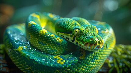 Fototapeta premium Vivid green and yellow snake coiled on a branch, surrounded by lush foliage in a tropical setting