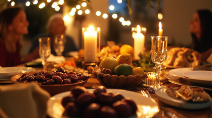 AI-generated Ramadan food image showcasing a delicious iftar spread with dates, samosas, kebabs, and traditional sweets. A vibrant depiction of cultural and festive cuisine enjoyed during the holy mon