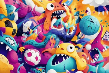 Fototapeta premium Colorful and quirky cartoon characters and soccer balls together