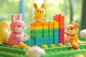Fototapeta premium Cute bunny and fox figurines playing with colorful building blocks in a vibrant outdoor setting.