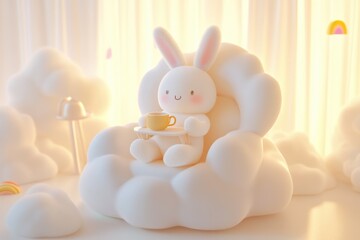A cute white bunny sits on a fluffy cloud, enjoying a warm drink in a tranquil setting.