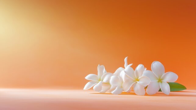 In a tranquil flat-lay, a vibrant white flower rests gracefully on a coral-orange textured surface, creating a serene and soothing atmosphere. Nature&acirc;?Ts beauty is showcased elegantly
