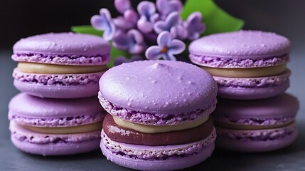 Lavender Macarons with Lilacs on Dark Table