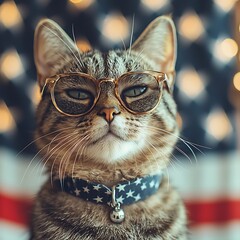 Patriotic Cat Poses Before US Flag