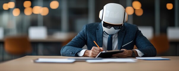 Businessman Wearing Protective Face Mask Carefully Reviewing Documents at His Desk in the Office During the COVID 19 Pandemic Outbreak