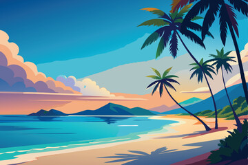Tranquil Tropical Beach Vector Illustration. Clear turquoise water gently laps at a white sandy shore lined with palm trees swaying in the breeze. 