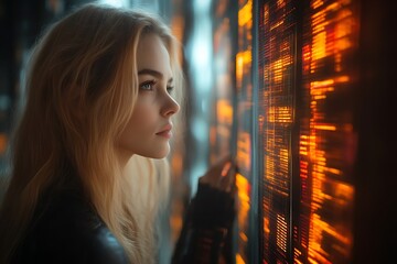 Blonde woman interacts with futuristic display