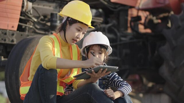 Teachers and students studying at a construction site.