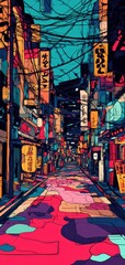 Fototapeta premium Abstract ukiyoe inspired Tokyo streets, stylized patterns merging Edoera aesthetics with bold contemporary design