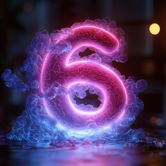 Glowing number six, smoke, dark background