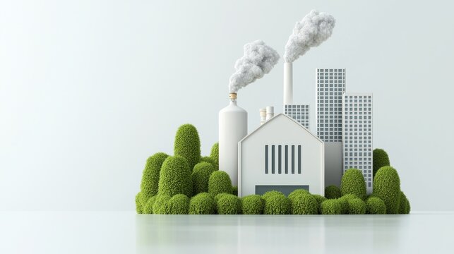 An eco friendly industrial plant with smokestacks surrounded by a lush green landscape in a modern urban environment showcasing a sustainable approach to energy production and manufacturing