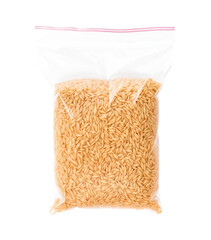 "Clear Plastic Bag of Long Grain Brown Rice – Raw Grains in Transparent Packaging, High-Resolution Food Photography"