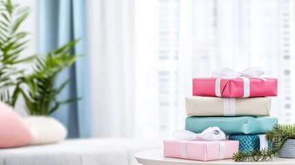 Stacked Presents: A colorful tower of neatly wrapped gifts adorned with elegant ribbons rests invitingly on a table, positioned near a sunlit window. The scene suggests an air of anticipation, joy.