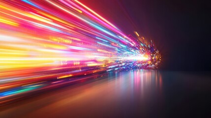 Energy Streams: a dynamic image showcasing a dazzling array of multicolored light trails streaking across a dark background, representing the essence of speed and digital connectivity. 