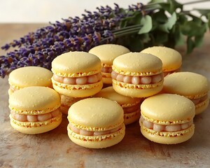 Lemon Macarons with Lavender, Wooden Table