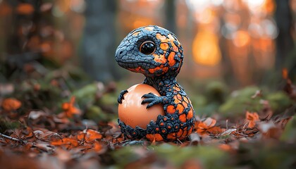 Baby Dino Protects Egg in Autumn Woods