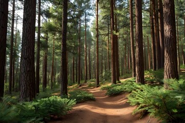 Fototapeta premium Path Through Majestic Pine Woodland: Towering Evergreens and the Scent of Pine Needles in a Serene Backdrop.
