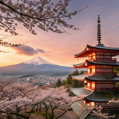 Fototapeta premium cherry blossoms in spring chureito pagoda and fuj