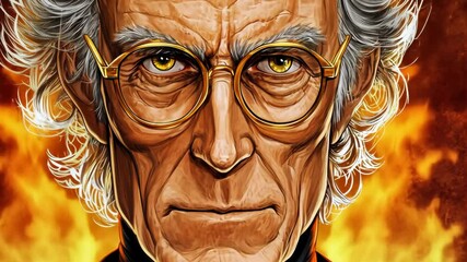 Expression of intensity in a character with fiery background and distinctive glasses