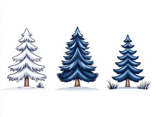 Obraz premium Three stylized evergreen trees in winter, showcasing varying shades of blue and white