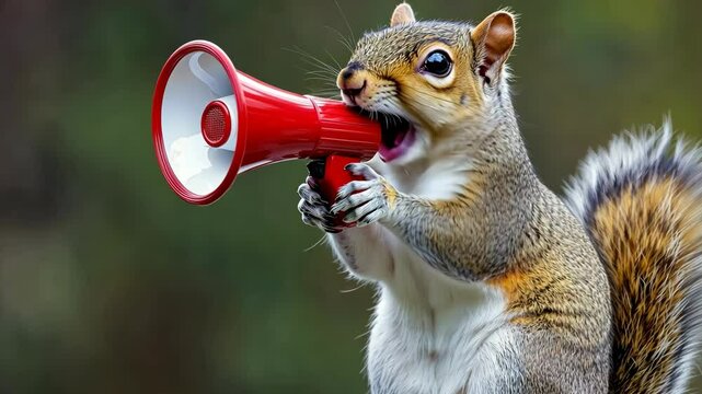 Squirrel holding a megaphone calls for attention in a lively outdoor setting during the day