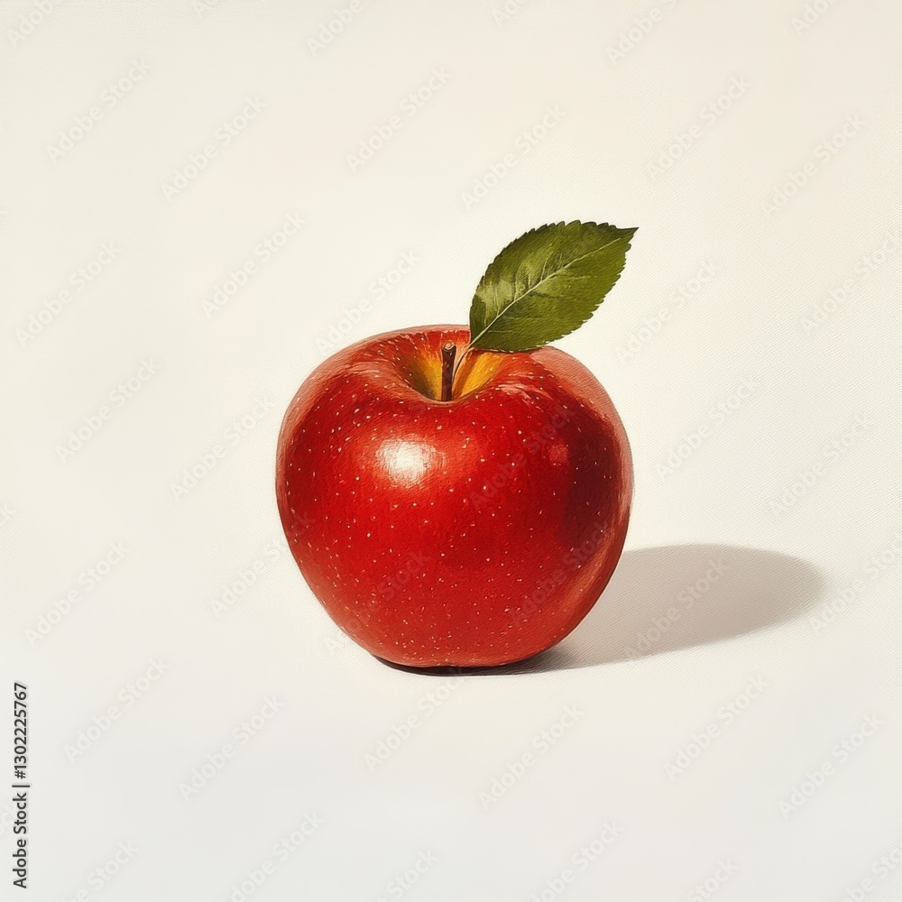 Aufkleber single shiny red apple with a green leaf resting on a plain white background in bright light