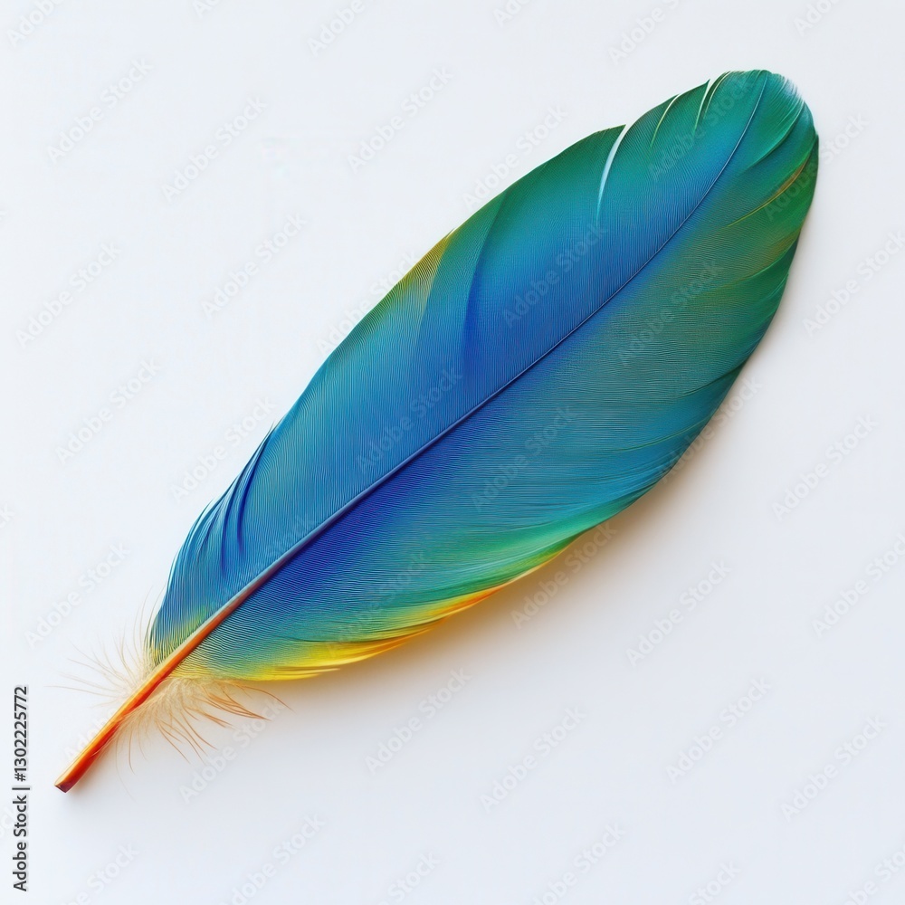 Poster colorful parrot feather showcasing vibrant gradient hues in a close-up view on a clean surface