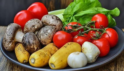 Fresh vegetables on dark plate, wooden background