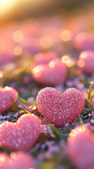 Obraz premium Pink hearts, sunset field, romantic, Valentine's