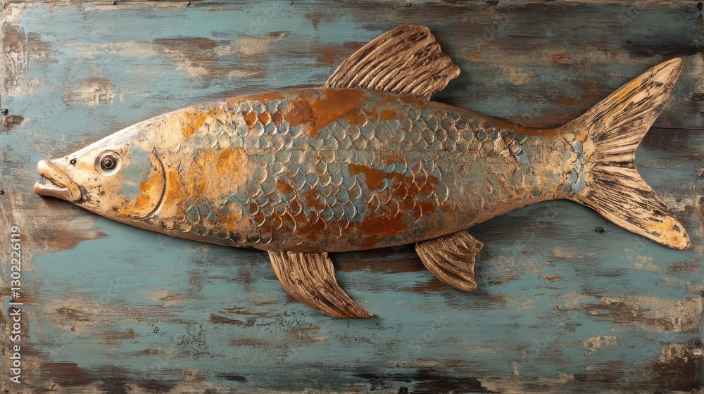 Poster weathered metallic fish sculpture displayed against a textured blue background showcasing rustic cha
