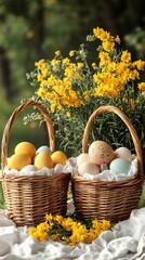 Pastel eggs in wicker baskets, spring flowers