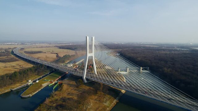Drone footage of Rędzin Bridge, the biggest in Poland, over the Odra