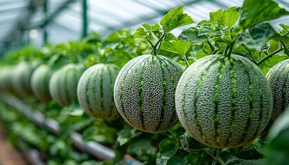 Greenhouse-grown cantaloupes ripening on vines