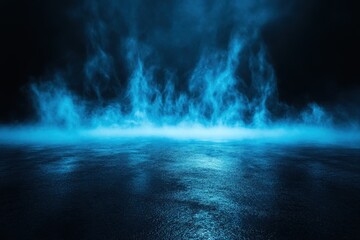 Fototapeta premium Blue ethereal flames rise from a dark reflective surface