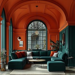 Teal Sectional in Orange Room