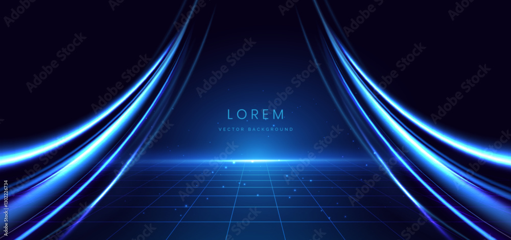 Wall mural abstract scene elegant blue light lines on dark background with lighting effect and sparkle.