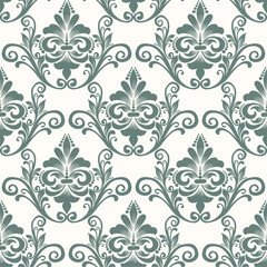 Elegant damask pattern with intricate floral elements and graceful scrolls in soft green on a cream background. Perfect for wallpaper, fabric, wedding invitations, luxury packaging.