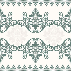 Elegant damask pattern with intricate floral elements and graceful scrolls in soft green on a cream background. Perfect for wallpaper, fabric, wedding invitations, luxury packaging.