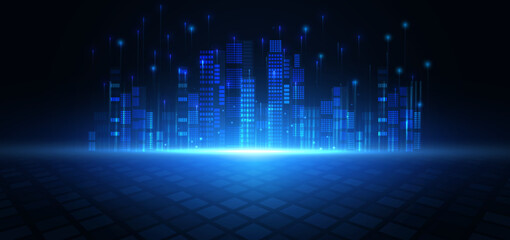Modren glowing night cityscape on dark blue background with lighting effect and sparkle.