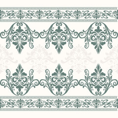 Elegant damask pattern with intricate floral elements and graceful scrolls in soft green on a cream background. Perfect for wallpaper, fabric, wedding invitations, luxury packaging.