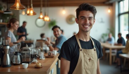 Fototapeta premium Young barista serves coffee in a modern cafe filled with customers during a sunny afternoon
