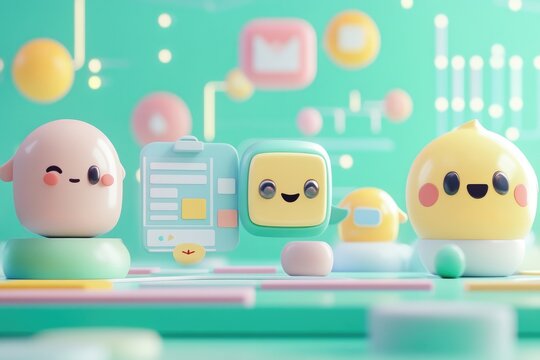 Adorable 3D cartoon characters collaborate on a project, showcasing teamwork and creativity.