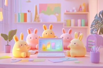 Adorable cartoon bunnies gathered around a laptop, reviewing data charts in a pastel-colored room.