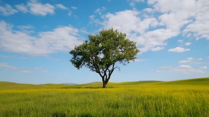 Obraz premium Lush Meadow with Lone Tree Under Vast Blue Sky and Fluffy Clouds in Peaceful Countryside Landscape