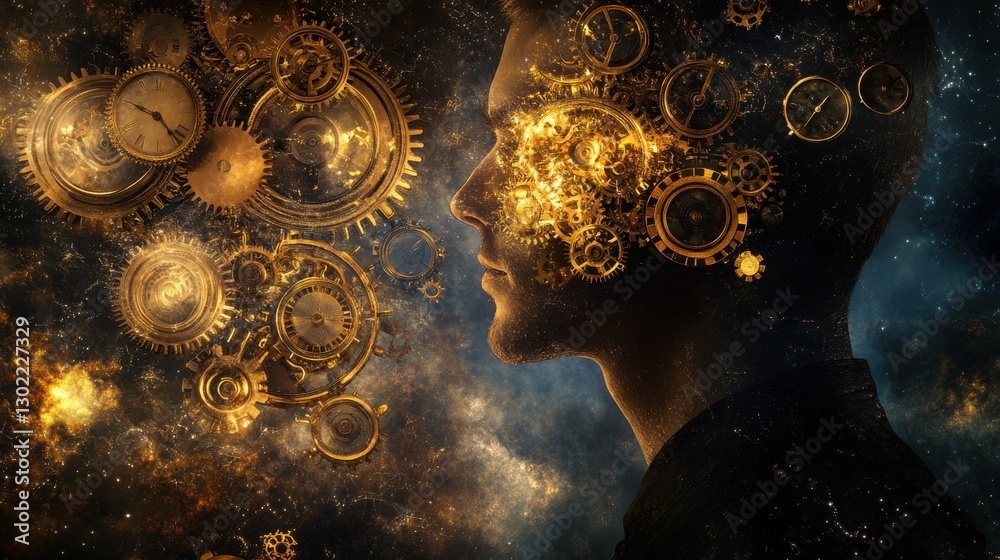 Poster Mystical profile of a man with intricate gears representing thoughts and imagination set against a cosmic background