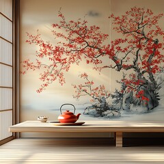 Red blossoms mural, serene tea room